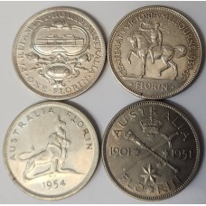 AUSTRALIA 1927 - 1954 . FLORINS . 4 COMMEMORATIVE COINS